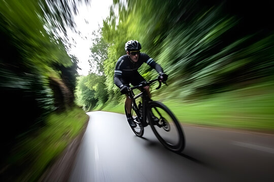 Dramatic wide-angle capture of a professional cyclist speeding downhill, showcasing the speed and skill involved in the sport. Generative AI