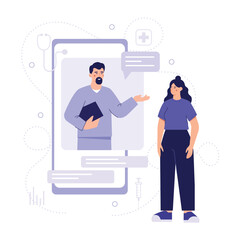 Fototapeta na wymiar Lady standing near big mobile screen and chatting with male doctor. Time for making treatment of patients online. Remote medical consultation via Internet. Vector flat illustration in blue colors