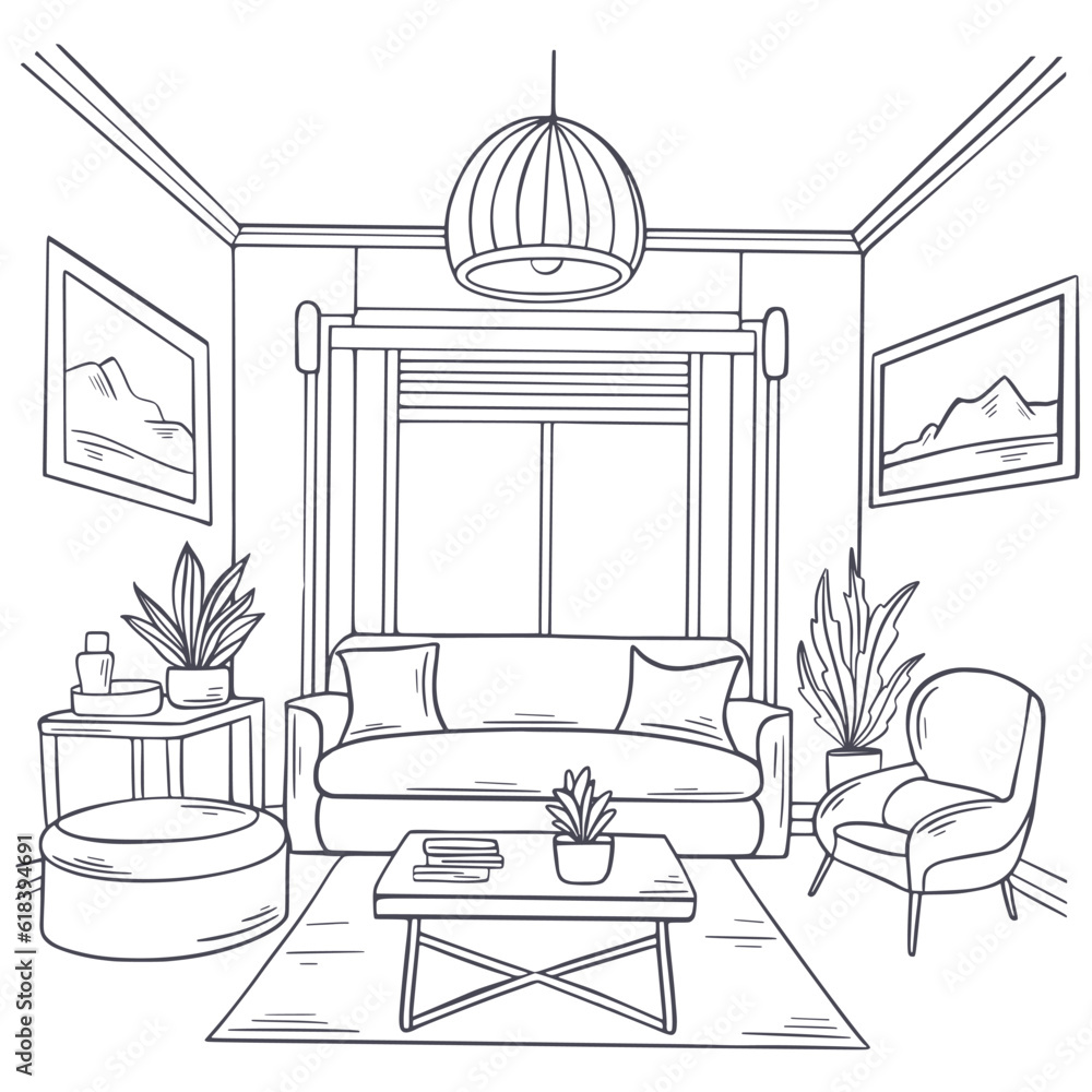 Wall mural Abstract living room interior simple hand drawn illustration. Lounge with sofa, window, paintings, houseplants, carpet and chair. Living room in an apartment or house, black and white sketch, vector