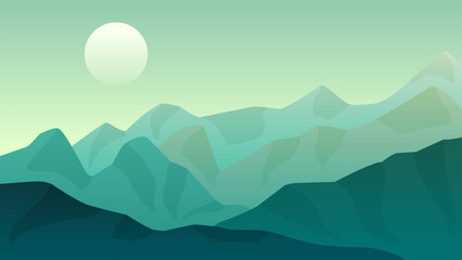 Mountain landscape vector illustration. Green mountains ridge in the morning with clear sky. Mountain range landscape for background, wallpaper, display or landing page. Vector gradient style