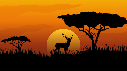 Fototapeta na wymiar Wildlife landscape vector illustration. Wildlife africa savanna of giraffe with african tree and sunset sky. Wildlife silhouette landscape for background, wallpaper, display or landing page