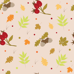 Seamless pattern with autumn leaves, acorns and rosehips on a beige background