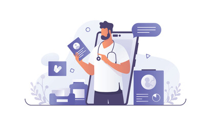 Medical worker holding medical card, giving prescription to patient. Cartoon character providing modern healthcare service via Internet. Process of giving online consultation. Vector flat illustration