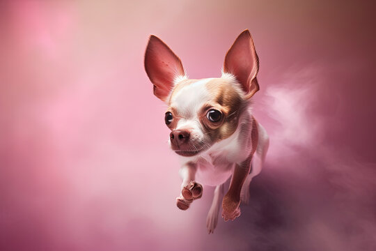 Cute chihuahua puppy jumping in the pink room. Tiny dog soaring in light rose interior. Generated AI.