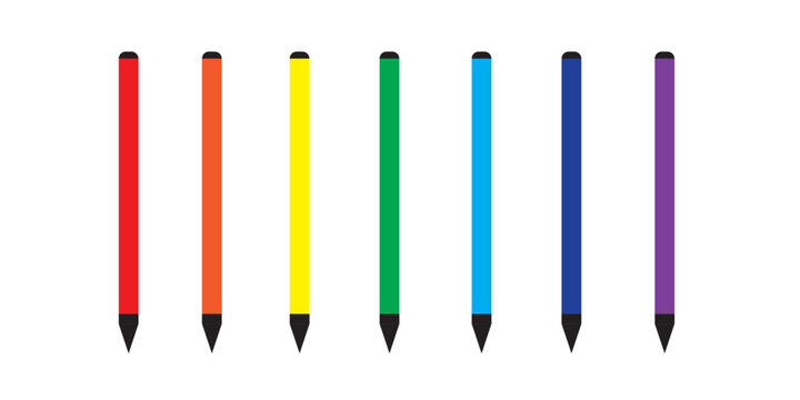 Color marker. Felt tip of marker. Pencil for highlight. Permanent palette of pens. Set of felt tips with green, red, yellow, blue and black colors. Crayons isolated