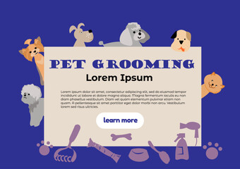Social media post templates for pet shop, dog grooming and sale promotion. Cute and modern design with dogs, grooming tools. Vector cartoon illustration for flyers, web pages.