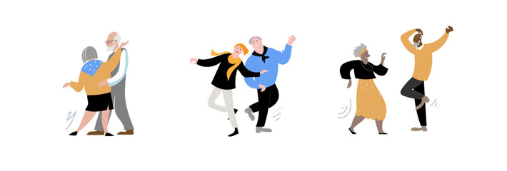 Seniors dance flat vector illustration. Elderly men and women actively spend time.
