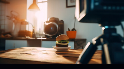 Juicy tasty hamburger on the table. Fast food image of a burger with grilled meat. Generated AI.
