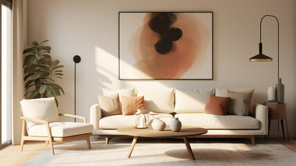 Stylish Living Room Interior with an Abstract Frame Poster, Modern Interior Design, 3D Render, 3D Illustration
