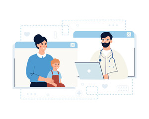 Young lady with son talking online with therapist via tablet. Modern online healthcare services. Process of giving remote consultations to patients. Vector flat illustration in blue colors