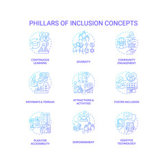 Pillars of inclusion blue gradient concept icons set. Equal opportunity. Sustainable development. Anti discrimination. Social justice idea thin line color illustrations. Isolated symbols