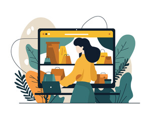 Young lady standing near big screen and select bag in web store. Making purchases over Internet. Choosing goods online. Digital environment sector. Vector flat illustration in orange and blue colors