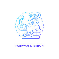 Pathways and terrain blue gradient concept icon. Wheelchair access. Mobility aid. No barrier. Safe environment. Outdoor space abstract idea thin line illustration. Isolated outline drawing