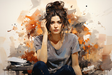 side view of a Businesswoman feeling overwhelmed in painting style