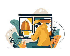 Young man sitting at table with laptop and order jacket online. Big sales and discounts during online shopping. Purchase of goods via Internet. Vector flat illustration in orange and blue colors