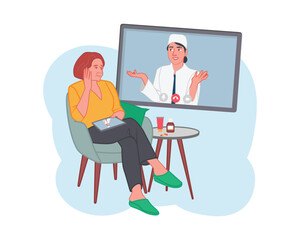 Young lady sitting near monitor and talking with doctor via video call. Online medical consultations. Contemporary digital healthcare services. Internet treatment and checkup. Vector flat illustration