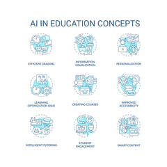 Set of 2D thin line blue icons representing AI in education concepts, pack of isolated customizable vector illustrations.