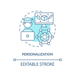 2D thin line blue icon representing personalization in AI, isolated customizable vector illustration, innovation in education.