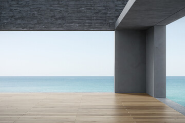 Empty concrete room with wood floor. 3d rendering of abstract interior space with sea background.