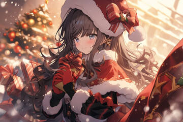 クリスマスにサンタの赤い衣装を着た女の子　Generative AI