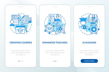 3 steps 2D blue icons representing AI in education, graphic instructions with linear concepts, app screen.