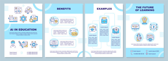 AI in education blue brochure template, leaflet design with linear icons. 4 vector layouts representing futuristic learning.