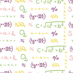 Colorful seamless pattern with chemical, mathematical, geometric formulas and symbols on a white background