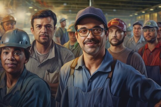 Portrait group of diverse industry workers working in a factory warehouse. Young industrial engineer people process orders and products together at the manufacturing plant then crossing