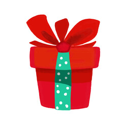 Watercolor and drawing for cute red gift box with ribbon. Digital painting of icon illustration. Christmas and new year element decoration on holiday.