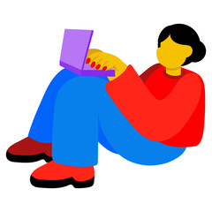 The girl is sitting and texting with someone on a laptop. It works with the help of a computer. The girl works sitting on the floor with the phone in her hands. The girl is sitting, working