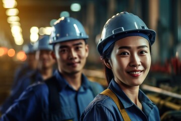 Portrait group of diverse industry workers working in a factory warehouse. Young industrial engineer people process orders and products together at the manufacturing plant then crossing