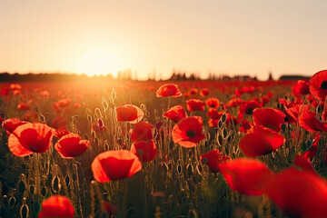 Fototapeta na wymiar Poppy field in full bloom against sunlight. Field of red poppys against the sunset sky.AI Generative