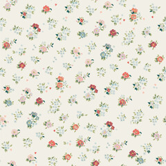 Fashionable pattern with small flowers on a light background. Seamless botanical print with various floral elements. Collection of vintage textiles.