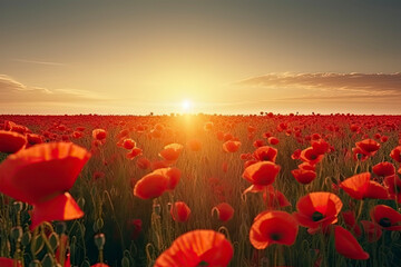 Poppy field in full bloom against sunlight. Field of red poppys against the sunset sky.AI Generative