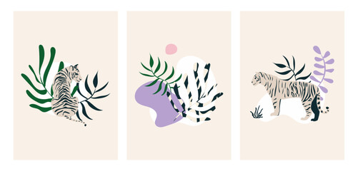 A set of three vector illustrations with a tiger and plants. Foliage drawing and abstract shapes. Minimalistic, natural artistic print with leaves and tigers. Wall Art