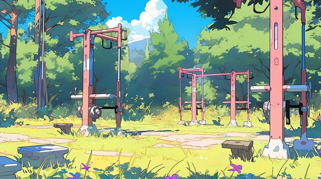 Outdoor boot camp training setup pop art lush park wallpaper