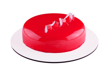 Red mousse cake on white plate