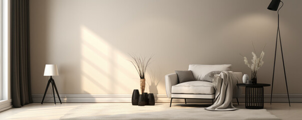 A large, smooth beige wall, a cushioned armchair, a round black coffee table on a shag rug, a tripod lamp shining through a window, carpeting in the living room, and a 3D product background 