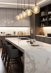 Contemporary beige kitchen counter with a white marble surface, a pendant lamp over it, a splashback, a cabinet counter, and a cupboard, all against a 3D background of interior design products. 
