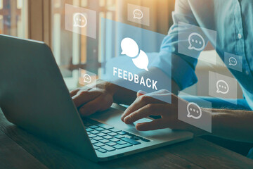 feedback concept, user comment rating online, writing feedback review, reputation management. - obrazy, fototapety, plakaty