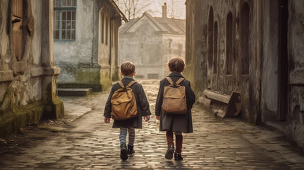 Fototapeta na wymiar Children walking back home from school with backpacks. Generated AI.