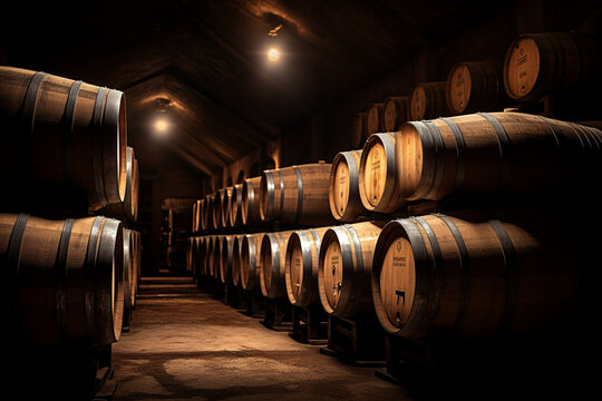 Oak barrels in a winery or cellar Vintage Barrels and Casks in Old Cellar,Winery's Perfect Storage , Delicious Wine. Generative AI