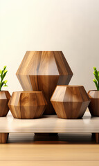 Three contemporary brown wooden podium tables with geometric shapes, including pentagon sides and smooth wood grain, varying heights against a cream-white wall. backdrop for showcasing luxury products