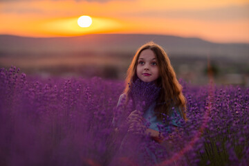 Girl lavender sunset. Girl in blue dress with flowing hair walk on the lavender field.