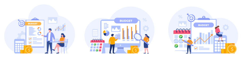 Budget business strategy, finance and accounting, budget calculation, economy and investment, flat design illustration vector banner and background for website - obrazy, fototapety, plakaty