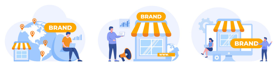 Brand marketing strategy, business startup, teamwork, shop, marketplace, online business, flat design illustration vector banner and background