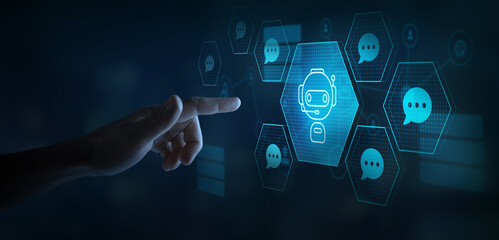 Chatbot concept, chat bot, online AI assistant, Artificial Intelligence digital chatbot on virtual touchscreen