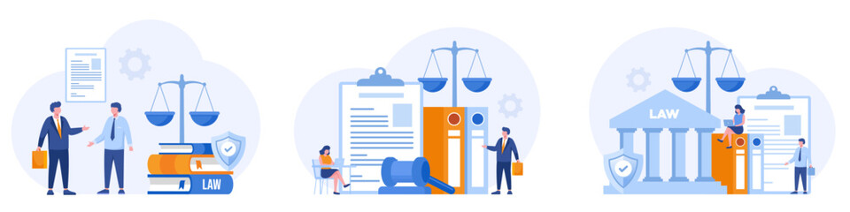 Law and justice scenes. lawyer consulting client, judge knocking with wooden hammer. Legal advice concept. Flat vector illustration banner for website