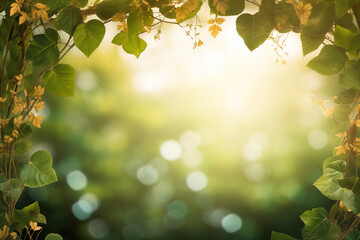 Obraz premium Empty space surrounded by beautiful leaves with an empty backdrop and beautiful lighting and bokeh. Green leaves frame. Illustration, Generative AI.