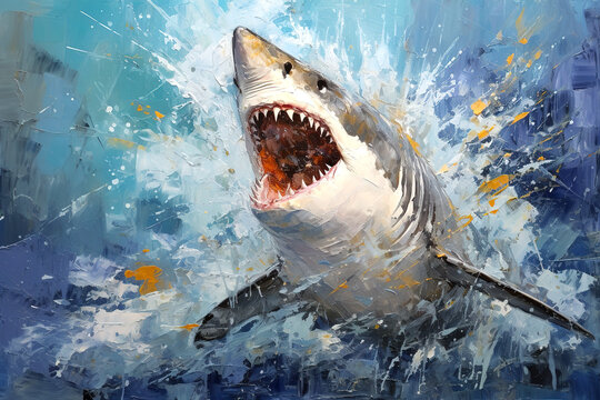 Beautiful painting of a shark with open mouth and angry in the sea. Undersea animals. Illustration, Generative AI.